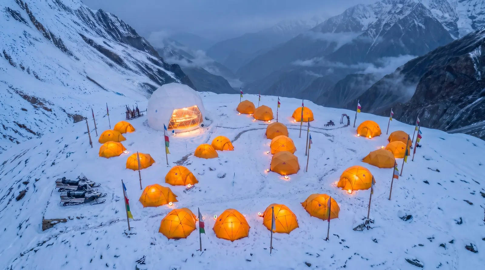 Aerial view of base camp at night with glowing tents and dome