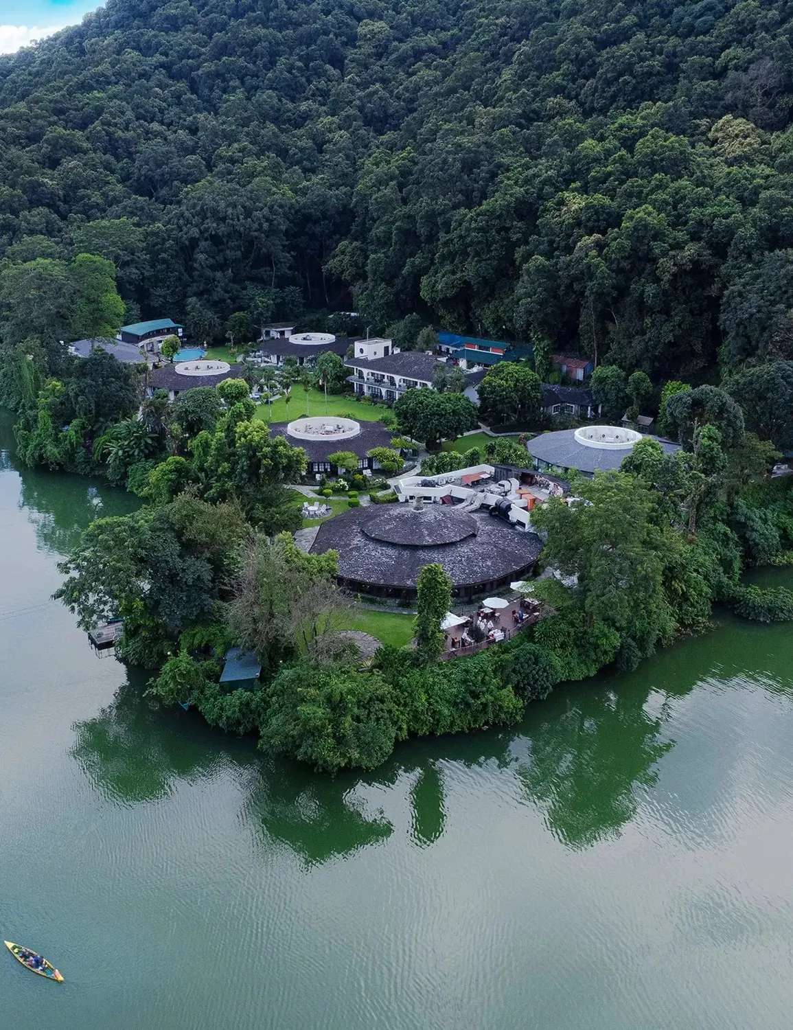 Aerial view of Fish Tail Lodge on the lake, Pokhara