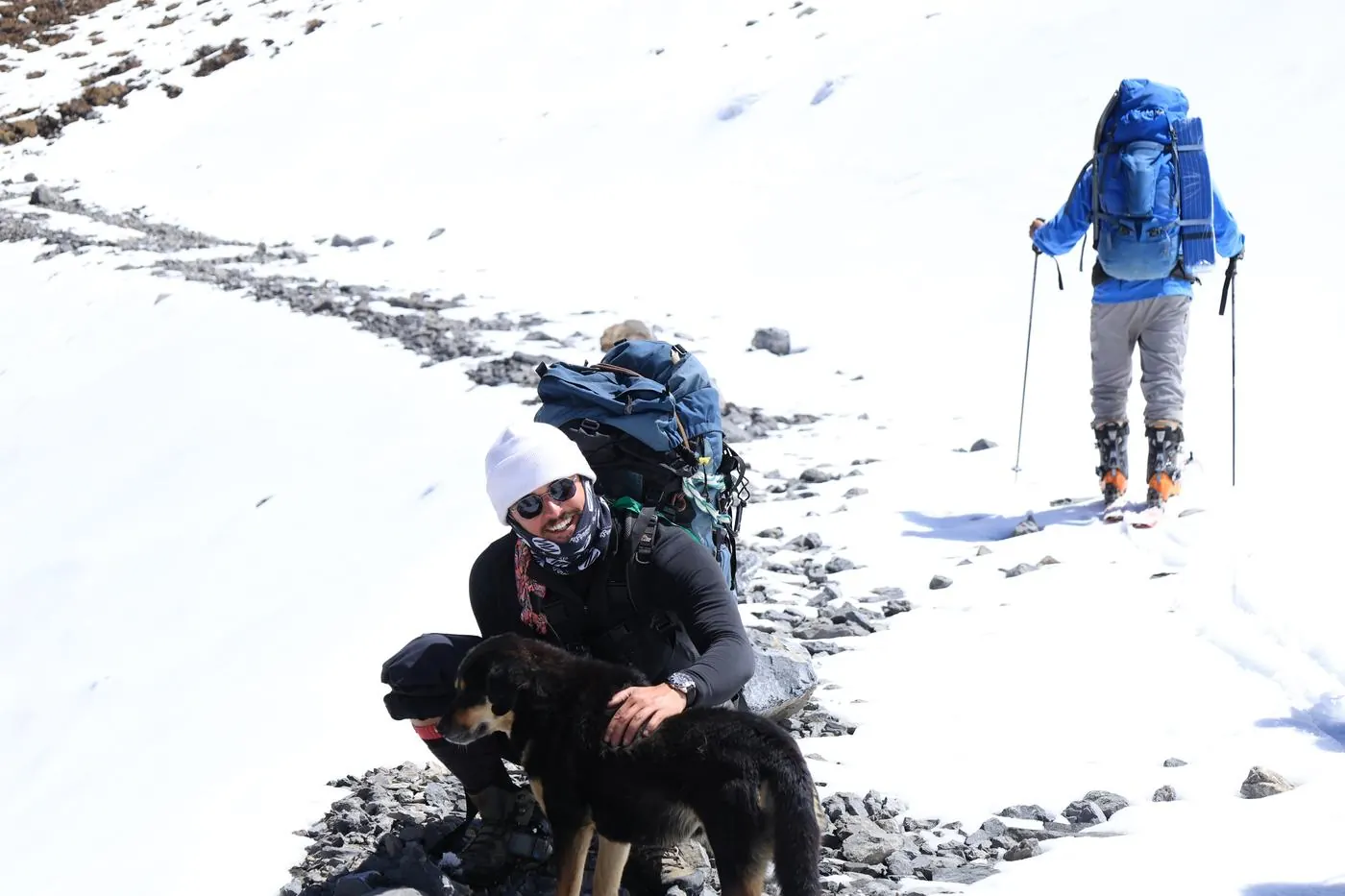 Guide with dog on ascent to base camp