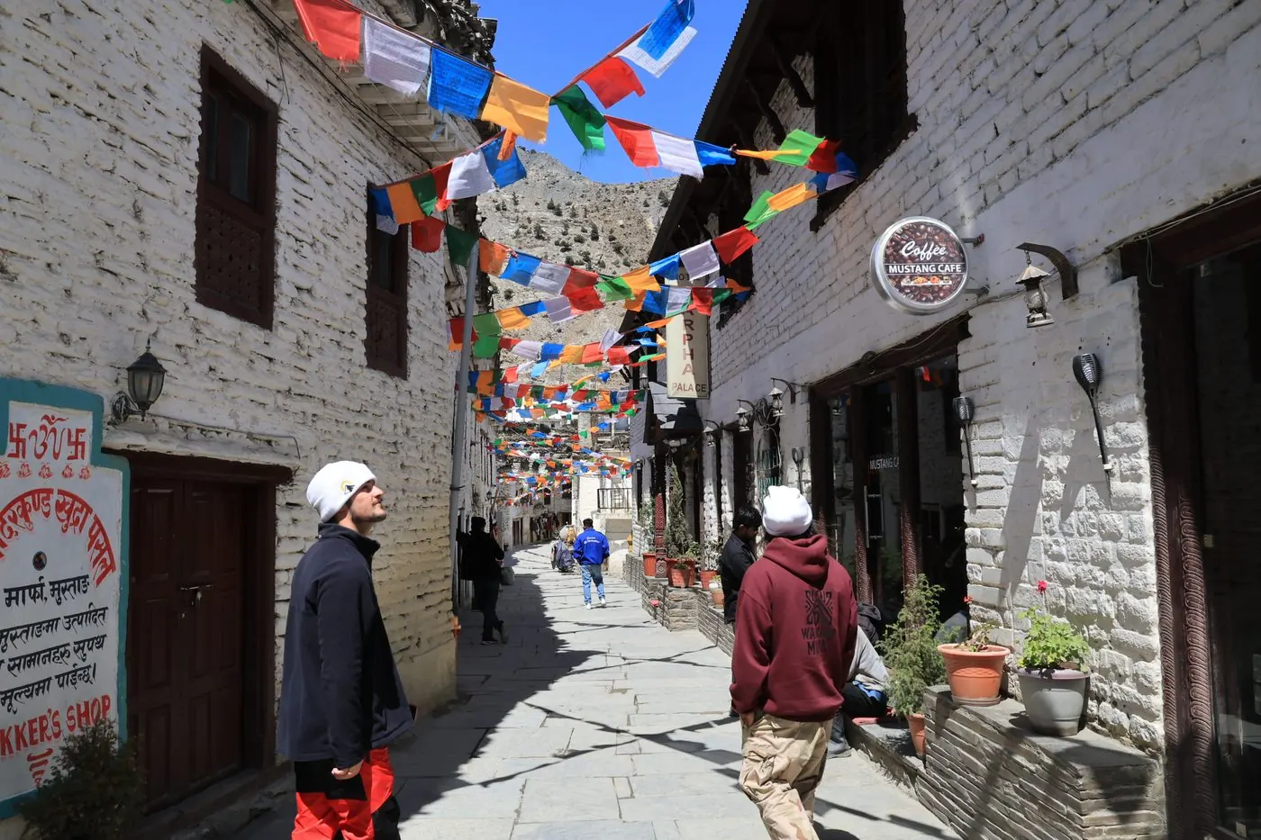 Prayer-flag-lined street in Jomsom, Mustang